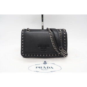 Prada Shoulder Bag Leather Studs Chain Black